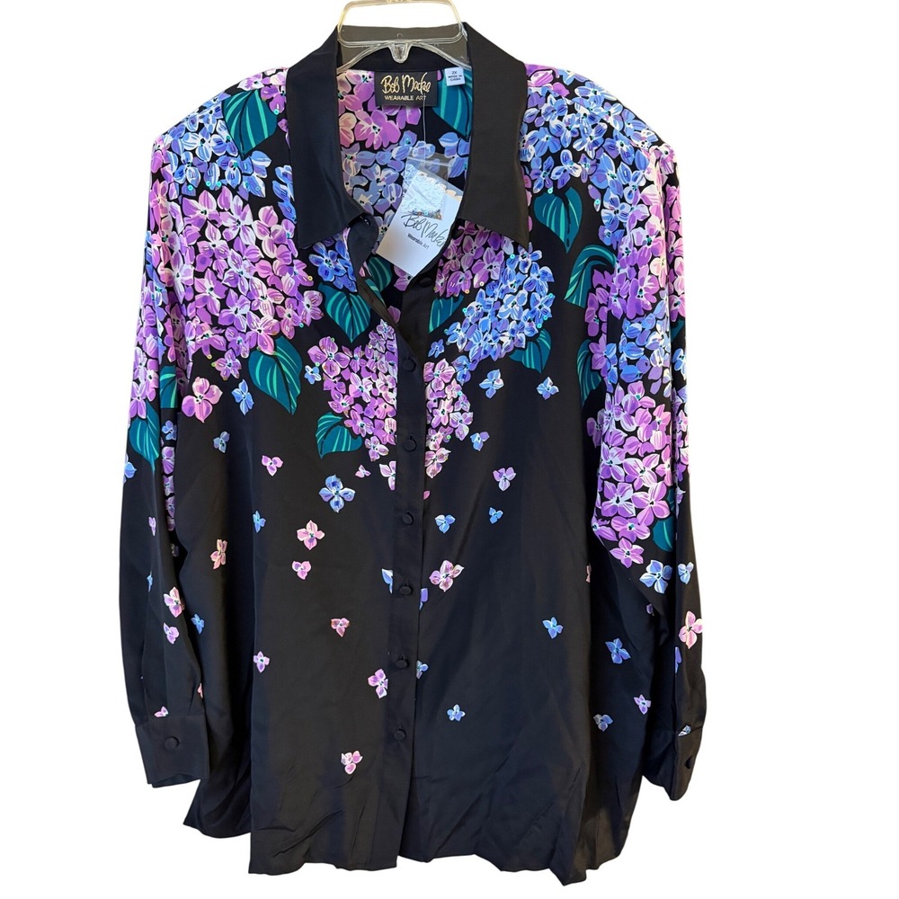 Bob Mackie Grandmacore Hydrangea Blouse Black Purple Beaded Floral Button Up 2X